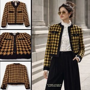 HARVÉ BERNARD Vintage Tweed Houndstooth Blazer Jacket - Black and Yellow Size 12